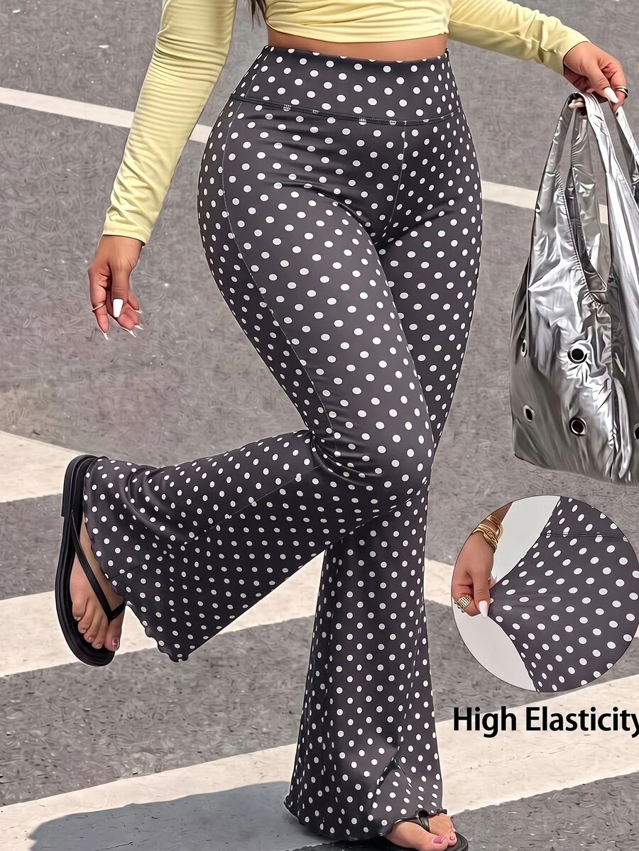 Muchica Celana Panjang Model Flare Motif Polkadot Pinggang Tinggi Ukuran Plus Wanita Warna Abu-abu Gelap