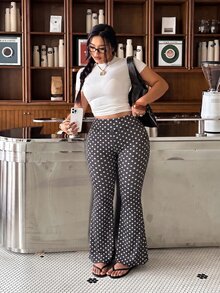 Muchica Celana Panjang Model Flare Motif Polkadot Pinggang Tinggi Ukuran Plus Wanita Warna Abu-abu Gelap - Dark Grey - View 8
