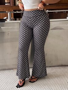 Muchica Celana Panjang Model Flare Motif Polkadot Pinggang Tinggi Ukuran Plus Wanita Warna Abu-abu Gelap - Dark Grey - View 4