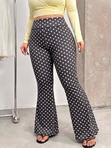 Muchica Celana Panjang Model Flare Motif Polkadot Pinggang Tinggi Ukuran Plus Wanita Warna Abu-abu Gelap - Dark Grey - View 6
