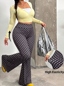 Muchica Celana Panjang Model Flare Motif Polkadot Pinggang Tinggi Ukuran Plus Wanita Warna Abu-abu Gelap - Dark Grey - View 5