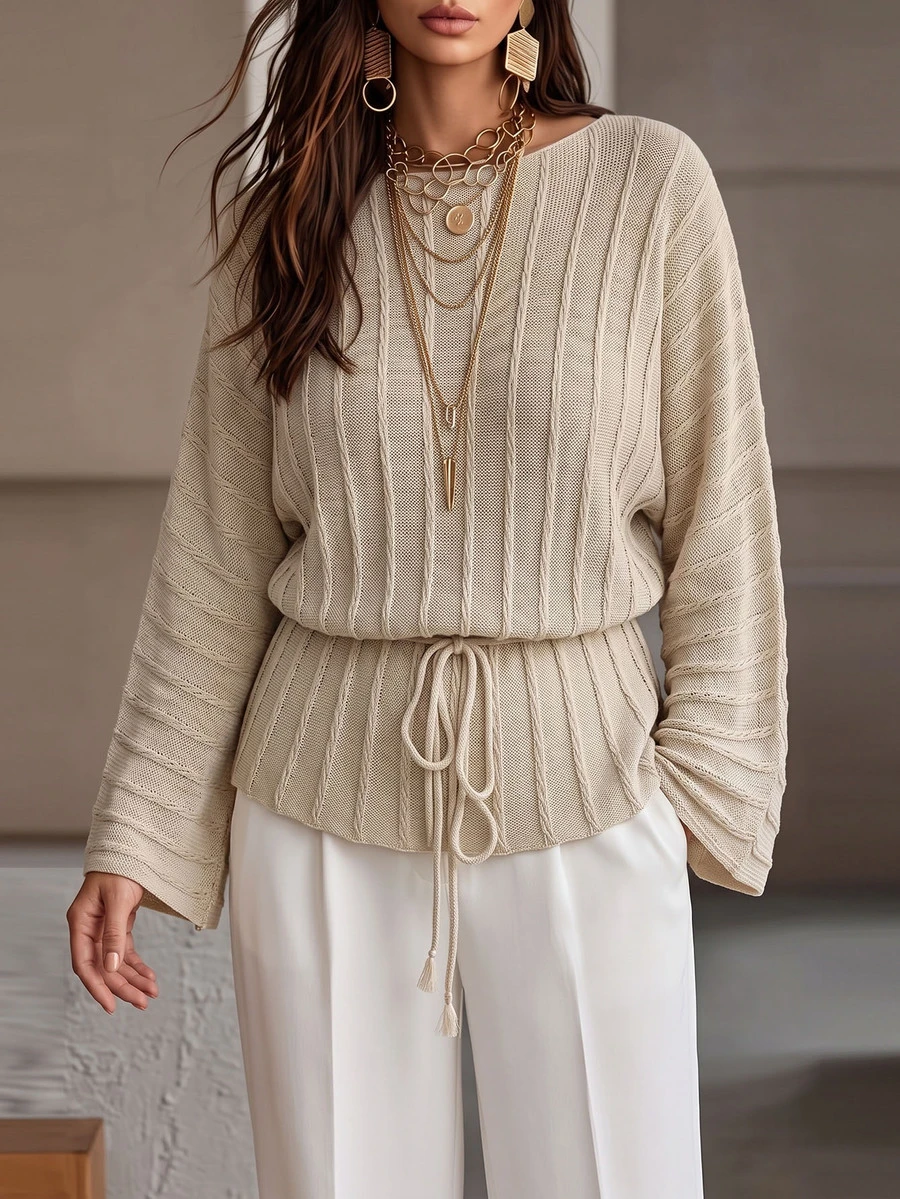 Juhart Oatmeal Color Square Neck Drawstring Knit Sweater . Vertical Striped Ribbed . Slightly Sheer Slouchy . Commute & Date Two-Way Wear Plus Size Pullover - Apricot - View 1