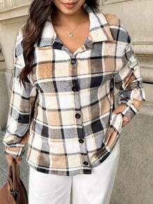 Easura Plus Size Plaid Flannel Brown Checkered Cardigan Jacket, Casual Long Sleeve Open Front, Autumn/Winter, Thanksgiving, New Year, Commute, Streetwear - Brown - View 6