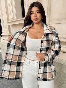 Easura Plus Size Plaid Flannel Brown Checkered Cardigan Jacket, Casual Long Sleeve Open Front, Autumn/Winter, Thanksgiving, New Year, Commute, Streetwear - Brown - View 5