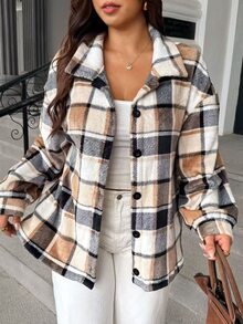 Easura Plus Size Plaid Flannel Brown Checkered Cardigan Jacket, Casual Long Sleeve Open Front, Autumn/Winter, Thanksgiving, New Year, Commute, Streetwear - Brown - View 1