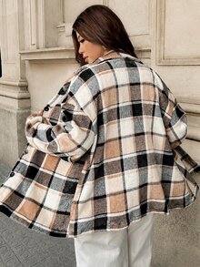 Easura Plus Size Plaid Flannel Brown Checkered Cardigan Jacket, Casual Long Sleeve Open Front, Autumn/Winter, Thanksgiving, New Year, Commute, Streetwear - Brown - View 2