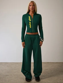 SHEIN BAE ملابس علوية خريف/شتاء من الصوف الأخضر الداكن مع تطريز نص بألوان متباينة وسحاب، ملابس علوية خضراء خريف/شتاء رياضية كاجوال - أخضر - مشاهدة 2