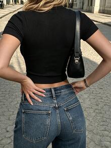 Ritzy Row Goth Keyhole Neck Lace Up Textured Short Sleeve Crop Top, Stand Collar Slim Corset Blouse - Black - View 2