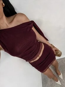 Glamine 女款純色不對稱綁帶上衣 + 迷你裙兩件套，休閒性感度假穿搭，適合派對、外出、夜生活、夜店、夏季 - 酒紅色 - 查看 6