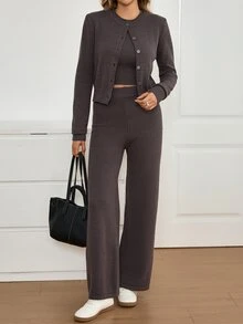 Omancia Solid Button Placket Cardigan & Crop Knit Top & Knit Pants Set - Dark Grey - View 6
