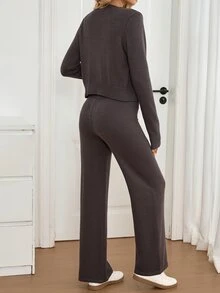 Omancia Solid Button Placket Cardigan & Crop Knit Top & Knit Pants Set - Dark Grey - View 2