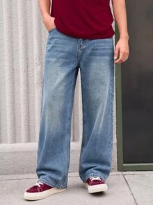 Whitmere 1件 Justice Brother 男士宽松水洗牛仔休闲阔腿牛仔裤（不含腰带和配饰） - 藍色 - 查看 4