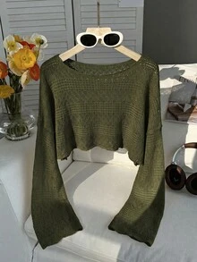 Comfortcana Plus Size Women's Hollow Out Cropped Long Sleeve Fashion Top Fall - Army Green - View 3