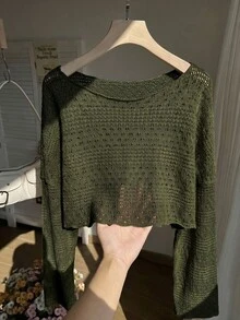 Comfortcana Plus Size Women's Hollow Out Cropped Long Sleeve Fashion Top Fall - Army Green - View 4