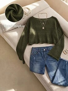 Comfortcana Plus Size Women's Hollow Out Cropped Long Sleeve Fashion Top Fall - Army Green - View 2
