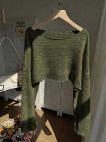 Comfortcana Plus Size Women's Hollow Out Cropped Long Sleeve Fashion Top Fall - Army Green - View 1