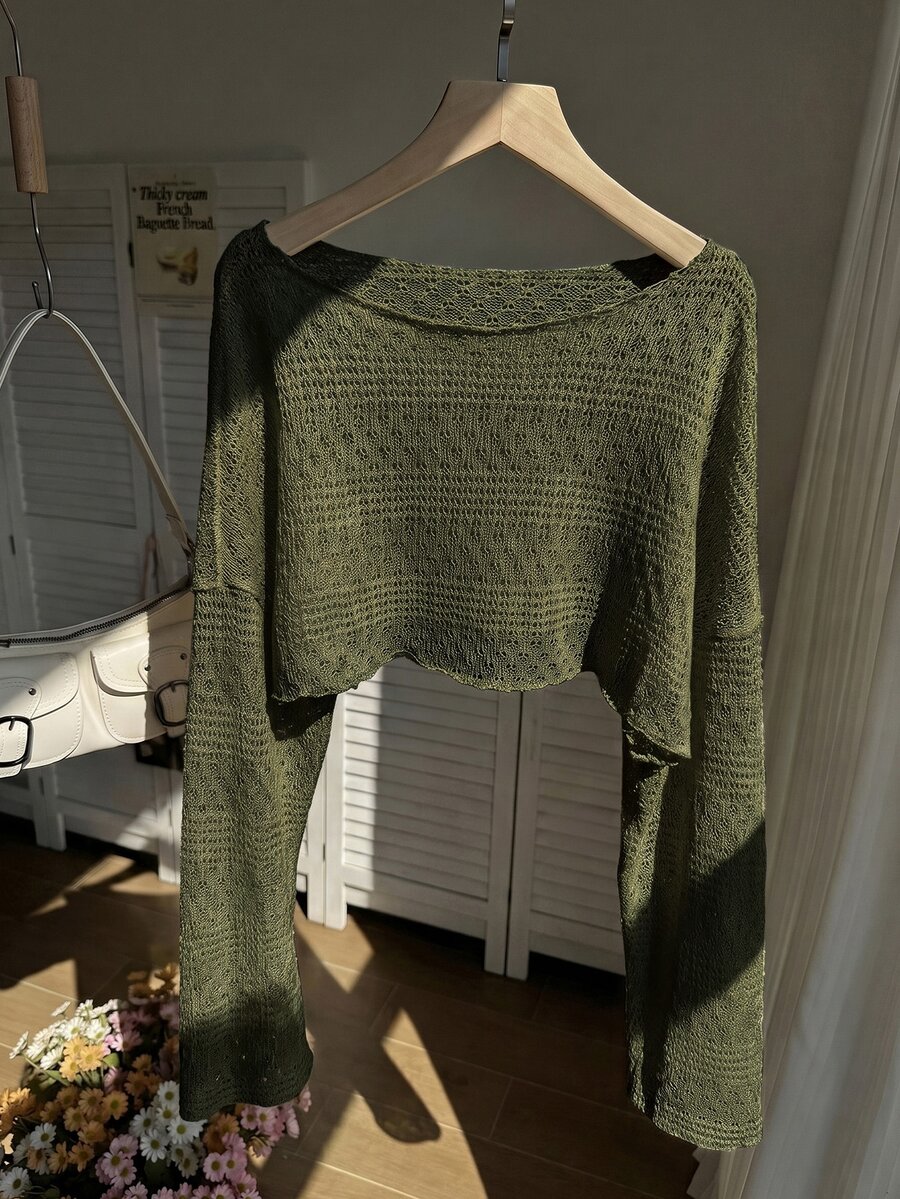 Comfortcana Plus Size Women's Hollow Out Cropped Long Sleeve Fashion Top Fall - Army Green - View 1