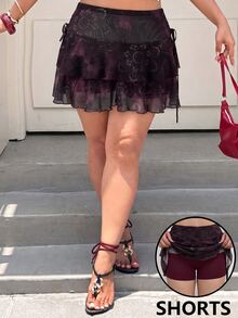 Muchica Plus Size Floral Print Ruffle Hem Skort - Burgundy - View 5
