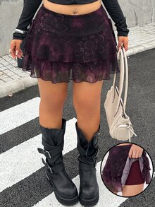 Muchica Plus Size Floral Print Ruffle Hem Skort - Burgundy - View 4