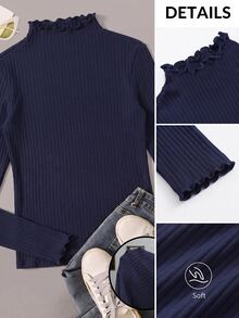 SHEIN EZwear 海軍藍羅紋針織女款T恤 秋季 - 藏蓝色 - 查看 1