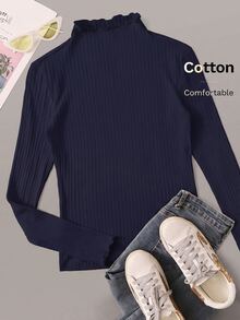 SHEIN EZwear 海軍藍羅紋針織女款T恤 秋季 - 藏蓝色 - 查看 6