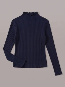 SHEIN EZwear 海軍藍羅紋針織女款T恤 秋季 - 藏蓝色 - 查看 4