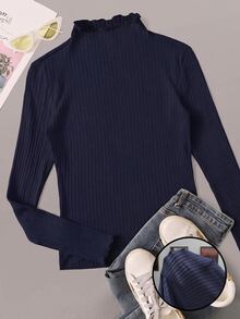 SHEIN EZwear 海軍藍羅紋針織女款T恤 秋季 - 藏蓝色 - 查看 5