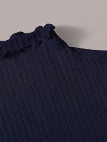 SHEIN EZwear 海軍藍羅紋針織女款T恤 秋季 - 藏蓝色 - 查看 8