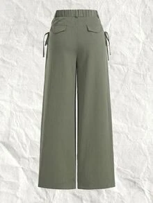 SHEIN EZwear 大尺碼休閒時尚俐落拉鍊百褶繫腰長褲，適合辦公室、派對與正式場合，橄欖綠，秋季款 - 軍綠色 - 查看 2