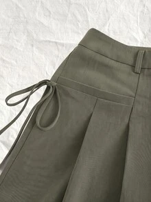 SHEIN EZwear 大尺碼休閒時尚俐落拉鍊百褶繫腰長褲，適合辦公室、派對與正式場合，橄欖綠，秋季款 - 軍綠色 - 查看 4