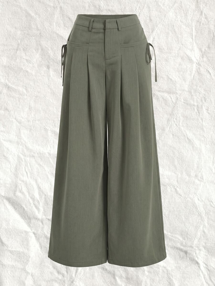 SHEIN EZwear 大尺碼休閒時尚俐落拉鍊百褶繫腰長褲,適合辦公室、派對與正式場合,橄欖綠,秋季款 - 軍綠色 - 查看 1