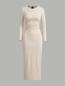 SHEIN EZwear Gaun Pas Badan Wanita Ukuran Plus Warna Apricot dengan Leher Bulat dan Detail Kerut - Aprikot - View 4