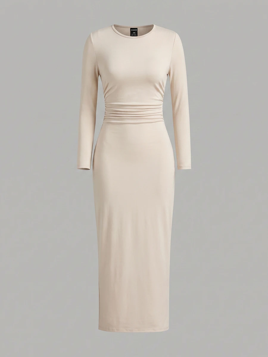SHEIN EZwear Gaun Pas Badan Wanita Ukuran Plus Warna Apricot dengan Leher Bulat dan Detail Kerut - Aprikot - View 1