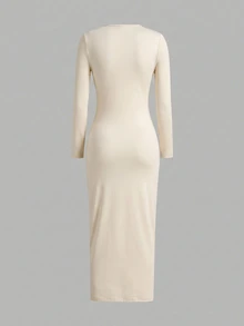 SHEIN EZwear Gaun Pas Badan Wanita Ukuran Plus Warna Apricot dengan Leher Bulat dan Detail Kerut - Aprikot - View 2