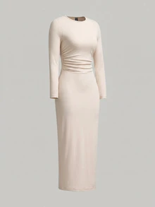 SHEIN EZwear Gaun Pas Badan Wanita Ukuran Plus Warna Apricot dengan Leher Bulat dan Detail Kerut - Aprikot - View 3