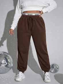 SHEIN EZwear 大尺碼女款字母印花休閒日常運動長褲 - 咖啡棕 - 查看 4