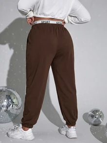 SHEIN EZwear 大尺碼女款字母印花休閒日常運動長褲 - 咖啡棕 - 查看 2