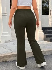 Solflare Pantalones acampanados básicos casuales de talla grande en color verde oscuro con textura acanalada para mujer, para otoño, descanso y hogar - Verde militar - Ver 3