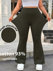 Solflare Pantalones acampanados básicos casuales de talla grande en color verde oscuro con textura acanalada para mujer, para otoño, descanso y hogar - Verde militar - Ver 4