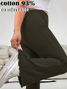Solflare Pantalones acampanados básicos casuales de talla grande en color verde oscuro con textura acanalada para mujer, para otoño, descanso y hogar - Verde militar - Ver 7