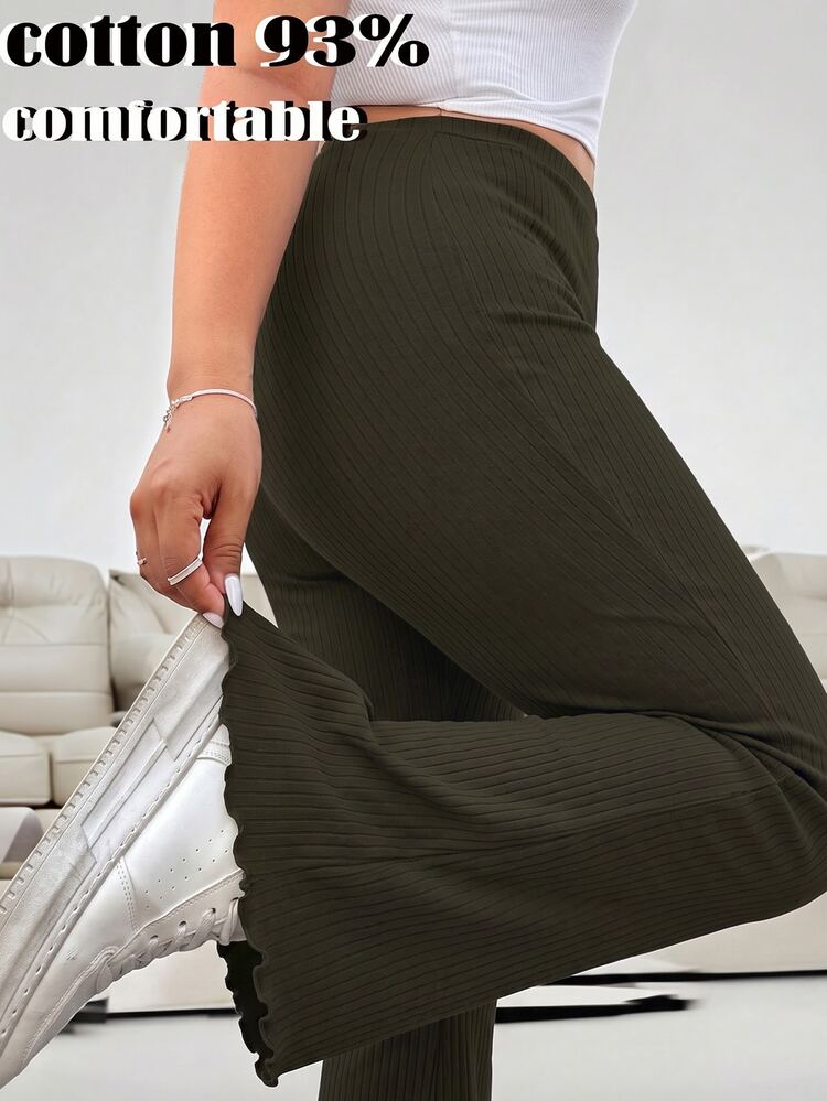 Solflare Olive Green Casual Plus Size Ribbed Flare Pants For Women Fall - Army Green - View 6