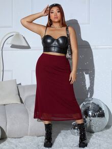 SHEIN EZwear 大尺碼女款純色休閒百搭秋季裙 - 紅色 - 查看 6