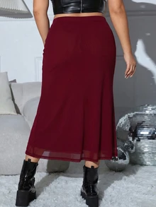 SHEIN EZwear 大尺碼女款純色休閒百搭秋季裙 - 紅色 - 查看 2