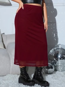 SHEIN EZwear 大尺碼女款純色休閒百搭秋季裙 - 紅色 - 查看 5