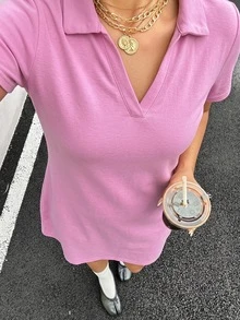 Muchica Pink Plus Size Women's Collared Short Sleeve Casual Dress - Pink - View 5