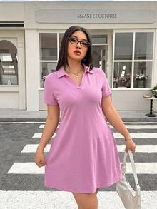 Muchica Pink Plus Size Women's Collared Short Sleeve Casual Dress - Pink - View 3