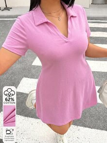 Muchica Pink Plus Size Women's Collared Short Sleeve Casual Dress - Pink - View 1