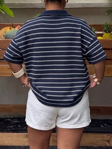 Muchica Navy Blue Plus Size Women's Striped Drop Shoulder Casual T-Shirt - Navy Blue - View 2