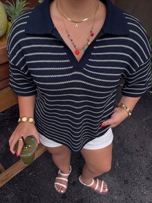 Muchica Navy Blue Plus Size Women's Striped Drop Shoulder Casual T-Shirt - Navy Blue - View 7