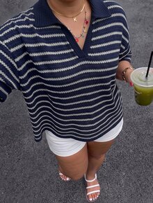 Muchica Navy Blue Plus Size Women's Striped Drop Shoulder Casual T-Shirt - Navy Blue - View 1